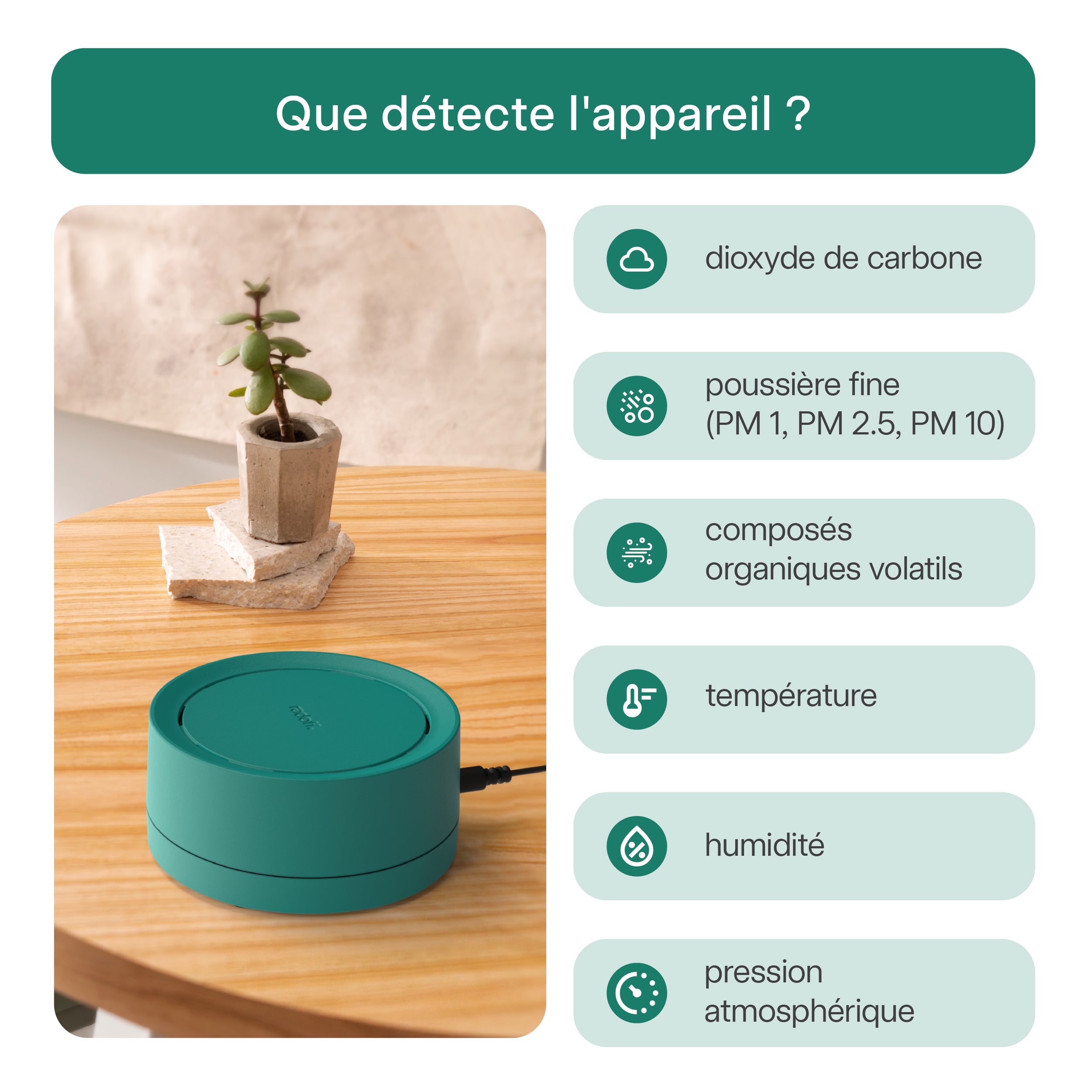 Dispositif Radoff Now vert : détecte le dioxyde de carbone, les particules fines, les composés organiques volatils, la température, l'humidité et la pression atmosphérique.