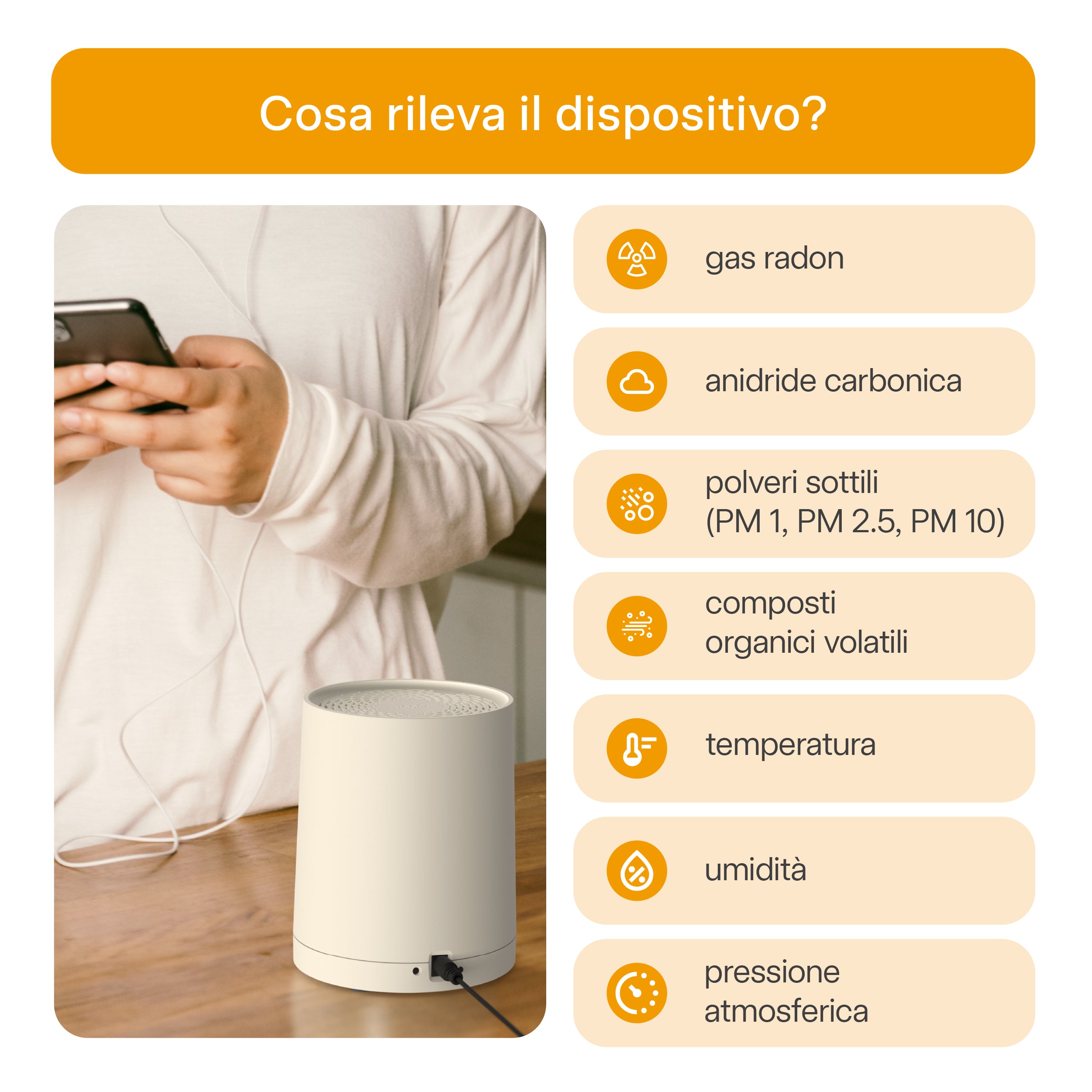 Dispositivo Radoff Sense bianco: rileva gas radon, anidride carbonica, polveri sottili, composti organici volatili, temperatura, umidità, pressione atmosferica.