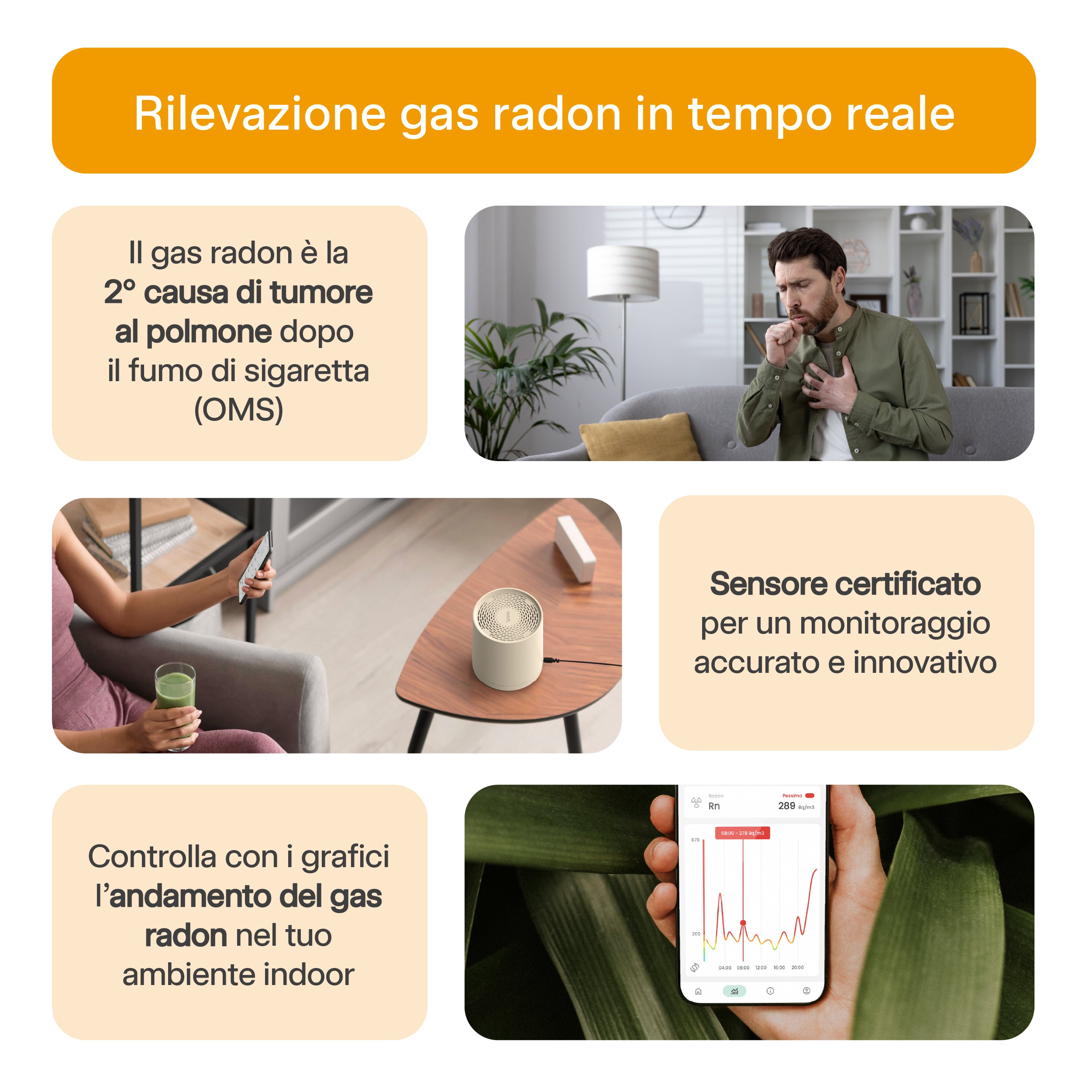 Dispositivo Radoff Sense bianco: rilevazione gas radon in tempo reale.
