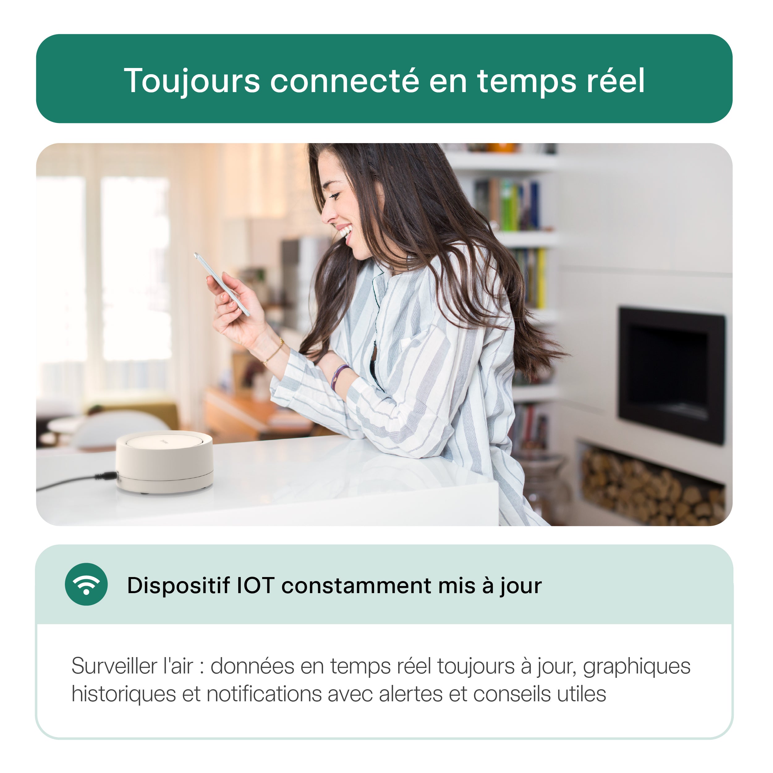 Dispositif Radoff Now blanc : toujours connecté, dispositif IoT en mise à jour constante, données en temps réel, graphiques historiques et notifications avec alertes et conseils.