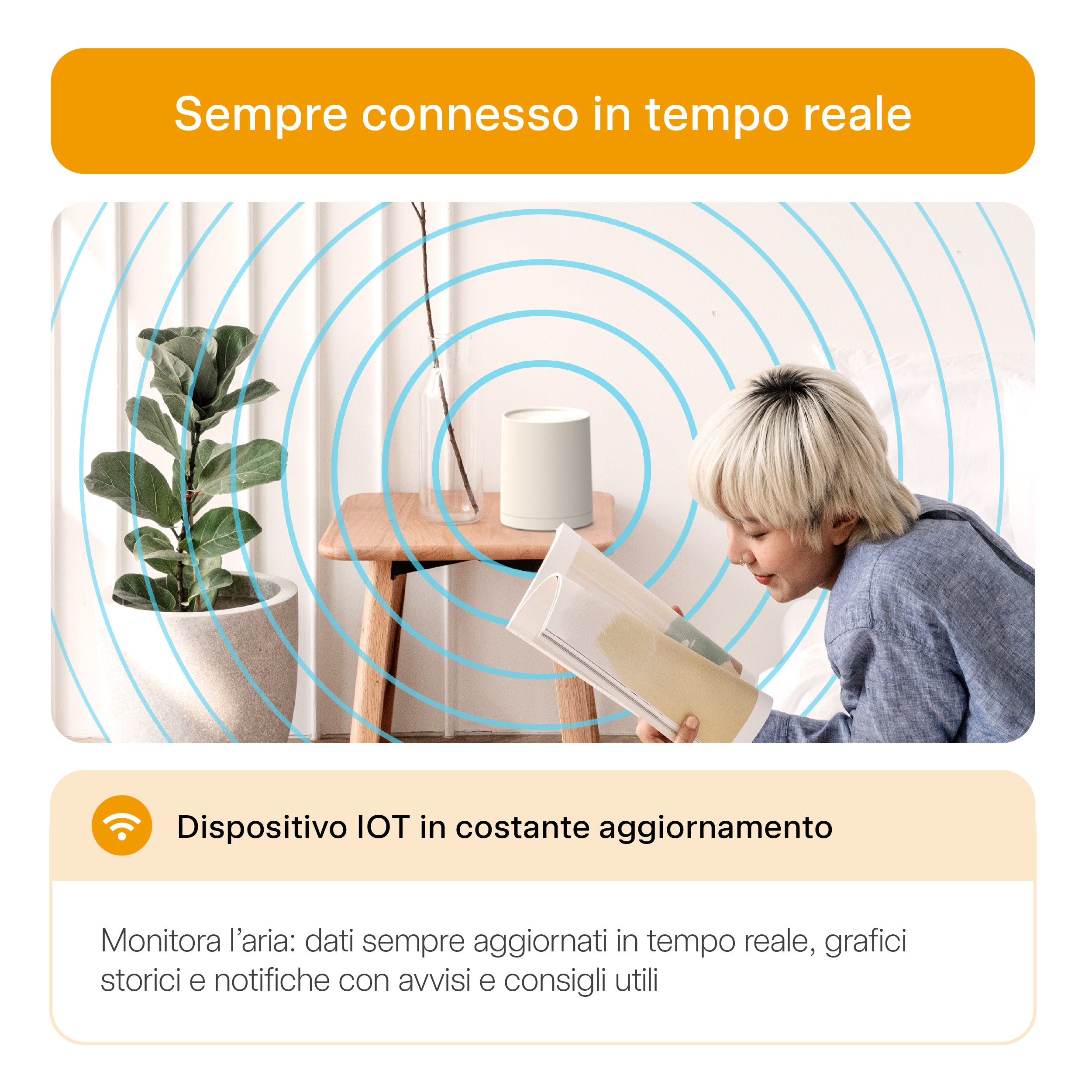 Dispositivo Radoff Sense bianco: sempre connesso, dispositivo IoT in costante aggiornamento, dati in tempo reale, grafici storici e notifiche con avvisi e consigli utili.